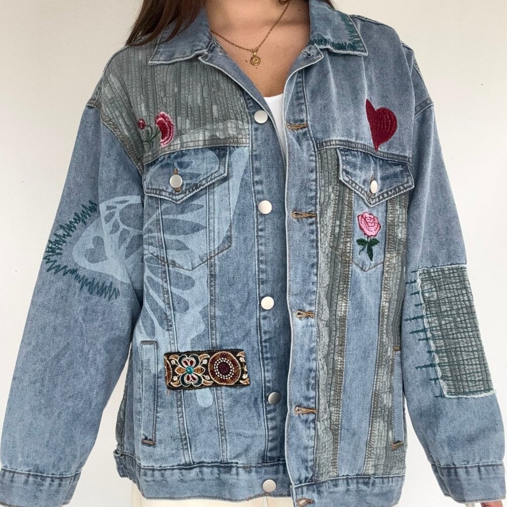 Embroidered Patch Denim Jacket by POL NEW Size Large